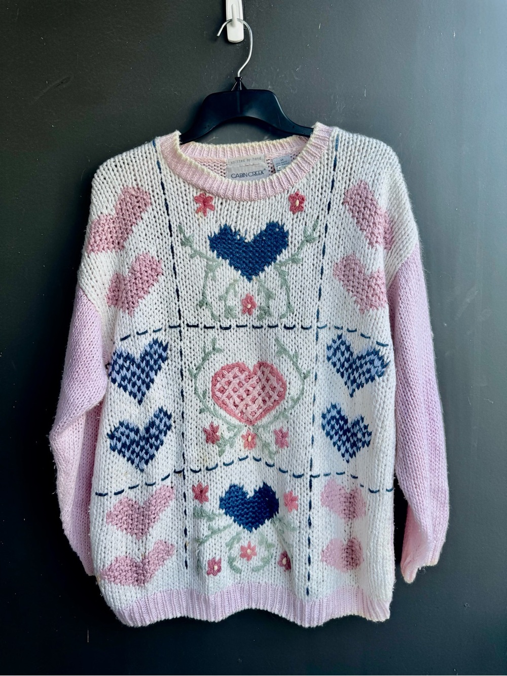 Vintage Cabin Creek chunky hand knit patchwork crewneck sweater